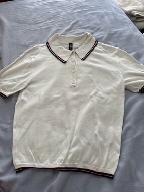 H&M Cream Short-Sleeve Polo with Navy and Burgundy Stripe
